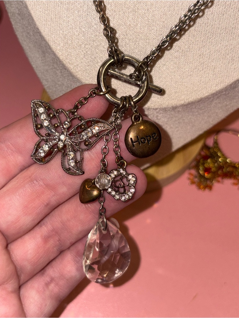 Vintage Bronze Butterfly Necklace with Pink & Clear Charms